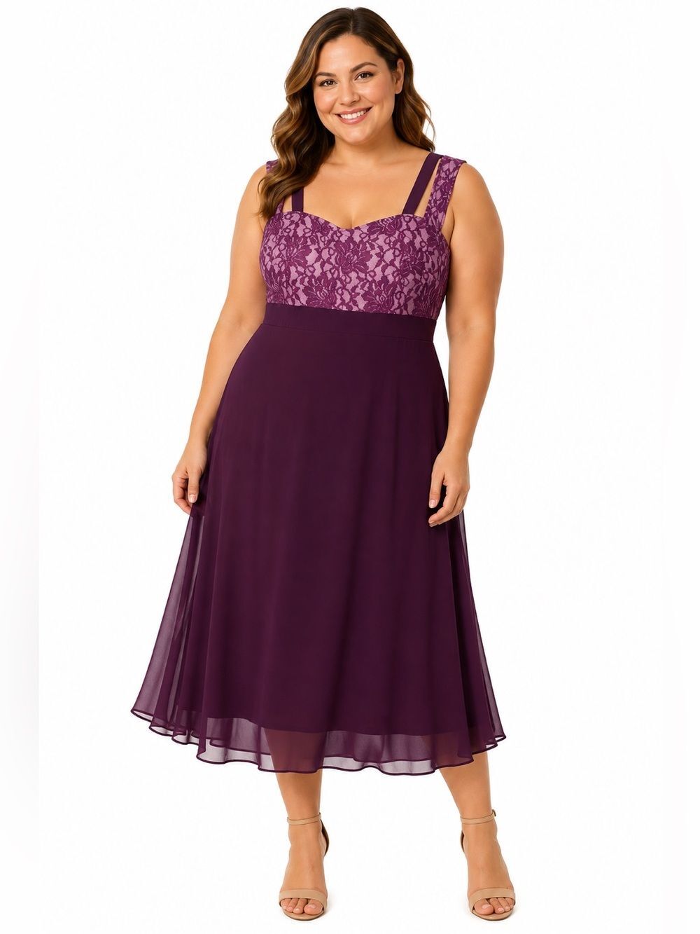 Women’s 2XL Plum Purple Lace Chiffon Formal Midi Dress Sleeveless NWOT